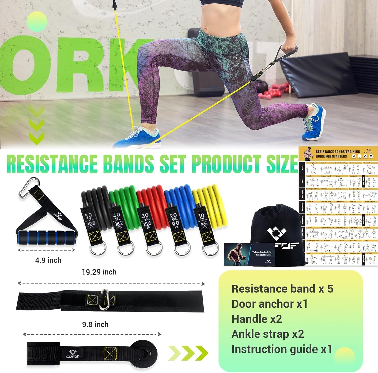 Resistance Bands Set with Handles, Exercise Bands Workout Bands Fitness Bands with Door Anchor, Legs Ankle Straps for Resistance Training,Physical Therapy,Home Gym Workout