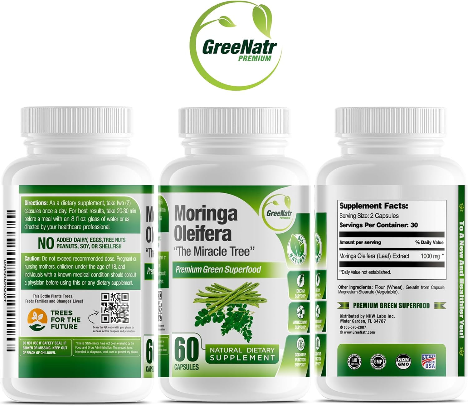 Pure Moringa Oleifera Leaf Extract Capsules, 1000 Mg per Serving. Gluten Free, NON GMO, Vegan Antioxidant Capsules. Natural Energy, Mood, Memory and Focus Enhancer. Premium Green Superfood (Pack of 3)