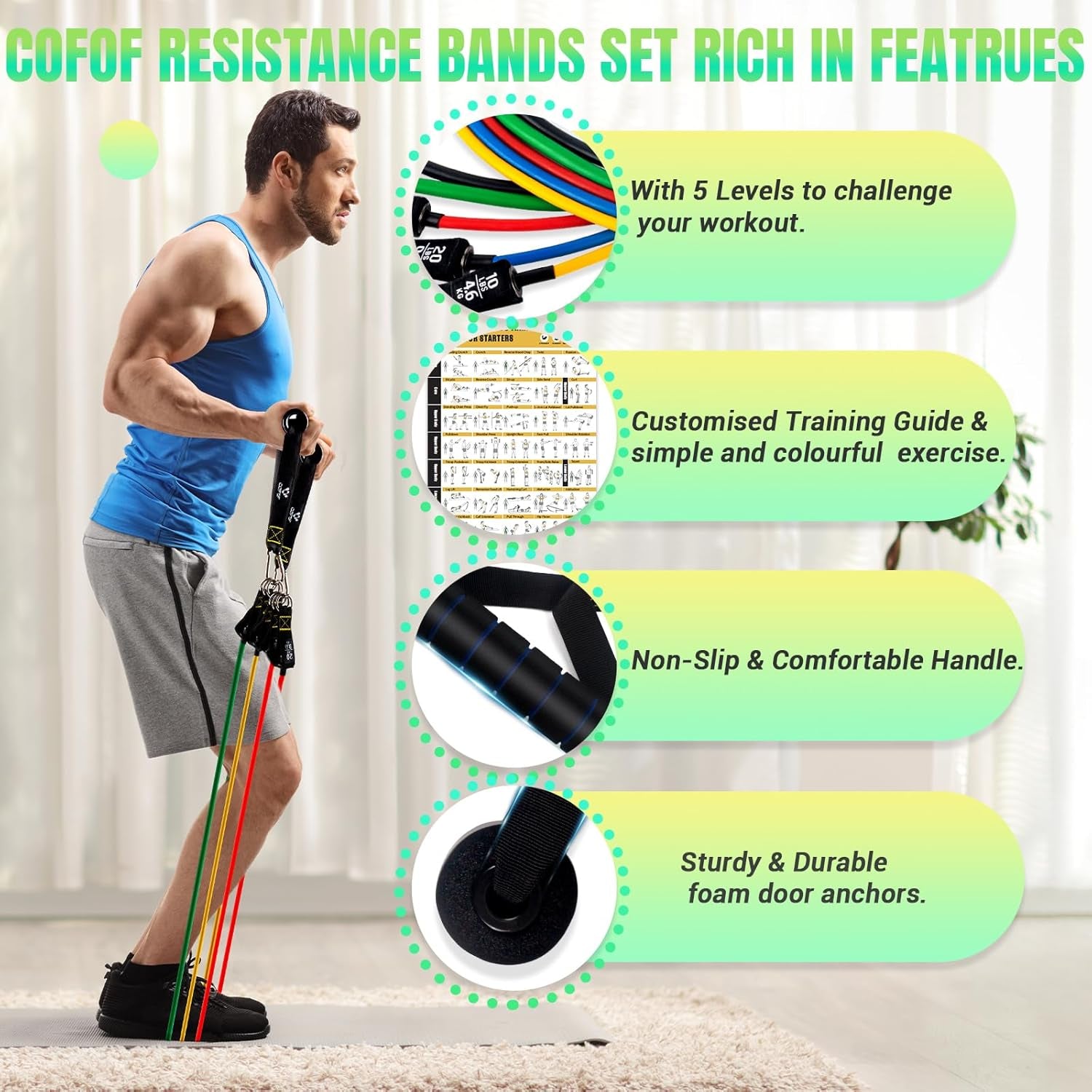 Resistance Bands Set with Handles, Exercise Bands Workout Bands Fitness Bands with Door Anchor, Legs Ankle Straps for Resistance Training,Physical Therapy,Home Gym Workout