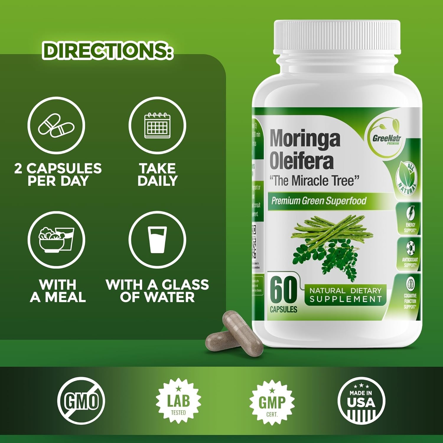 Pure Moringa Oleifera Leaf Extract Capsules, 1000 Mg per Serving. Gluten Free, NON GMO, Vegan Antioxidant Capsules. Natural Energy, Mood, Memory and Focus Enhancer. Premium Green Superfood (Pack of 3)