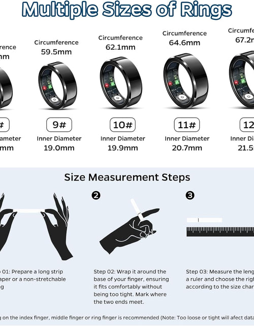 Load image into Gallery viewer, Smart Ring Health Tracker, Sleep Tracker Ring with Heart Rate, Waterproof Fitness Ring for Activity Monitoring/Steps/Distance/Calories, Air Gestures, up to 7-Day Battery, for Ios Android (Black,#10)