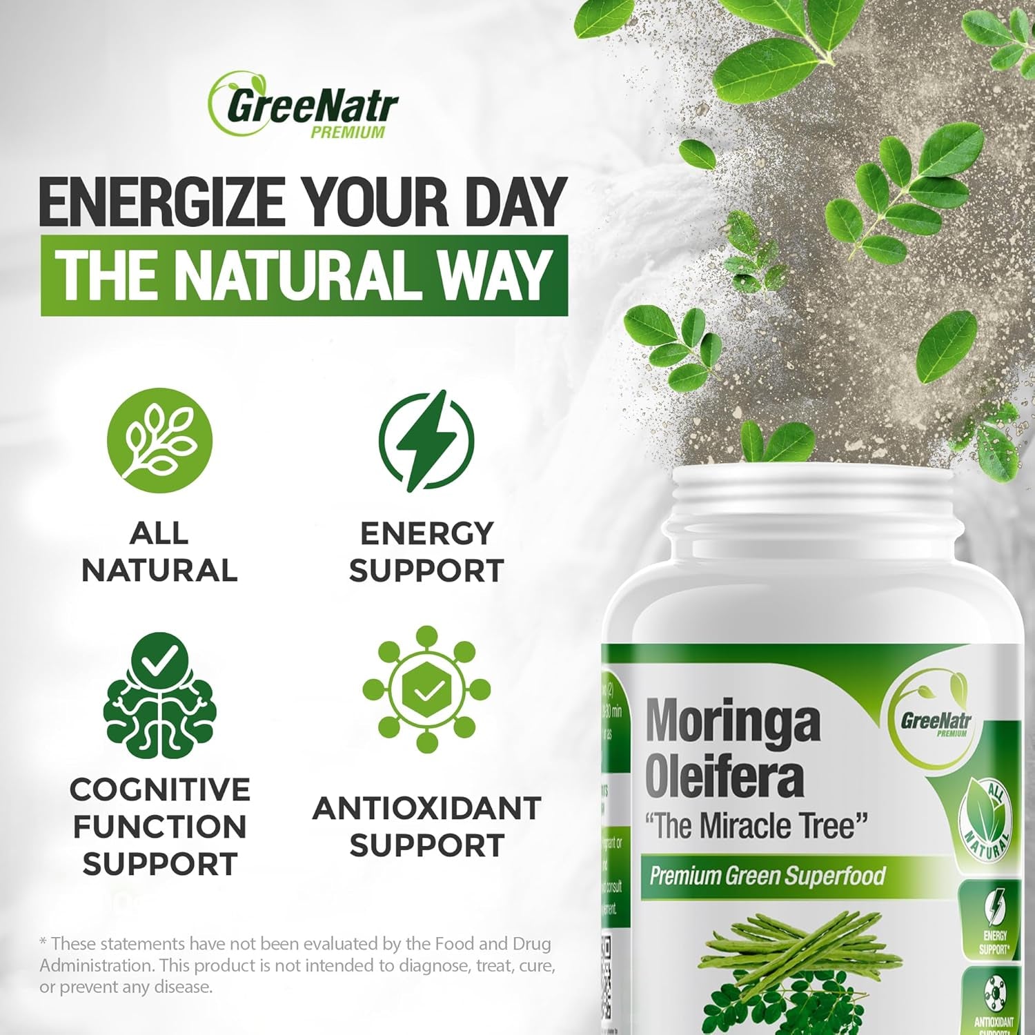 Pure Moringa Oleifera Leaf Extract Capsules, 1000 Mg per Serving. Gluten Free, NON GMO, Vegan Antioxidant Capsules. Natural Energy, Mood, Memory and Focus Enhancer. Premium Green Superfood (Pack of 3)