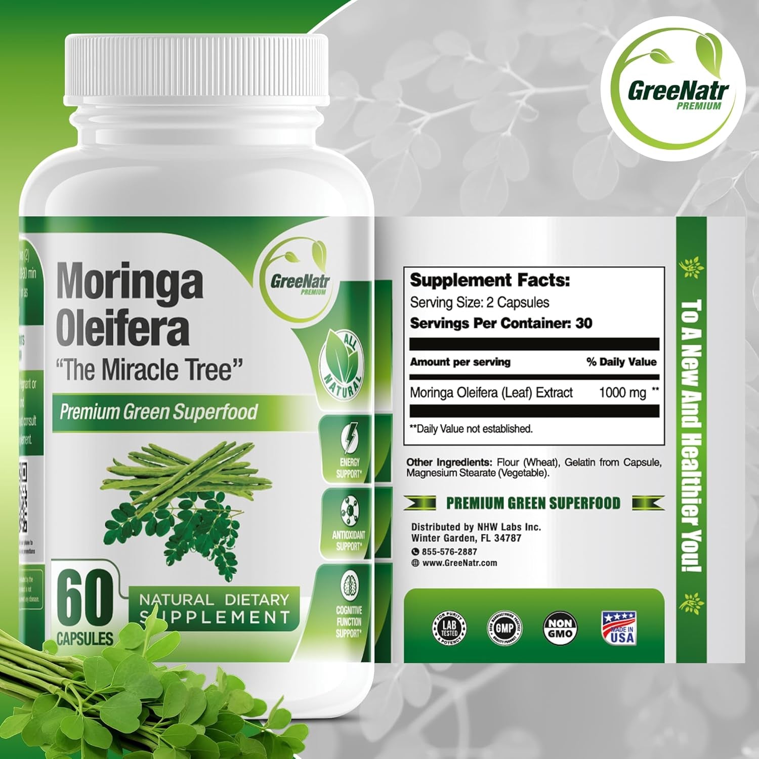 Pure Moringa Oleifera Leaf Extract Capsules, 1000 Mg per Serving. Gluten Free, NON GMO, Vegan Antioxidant Capsules. Natural Energy, Mood, Memory and Focus Enhancer. Premium Green Superfood (Pack of 3)