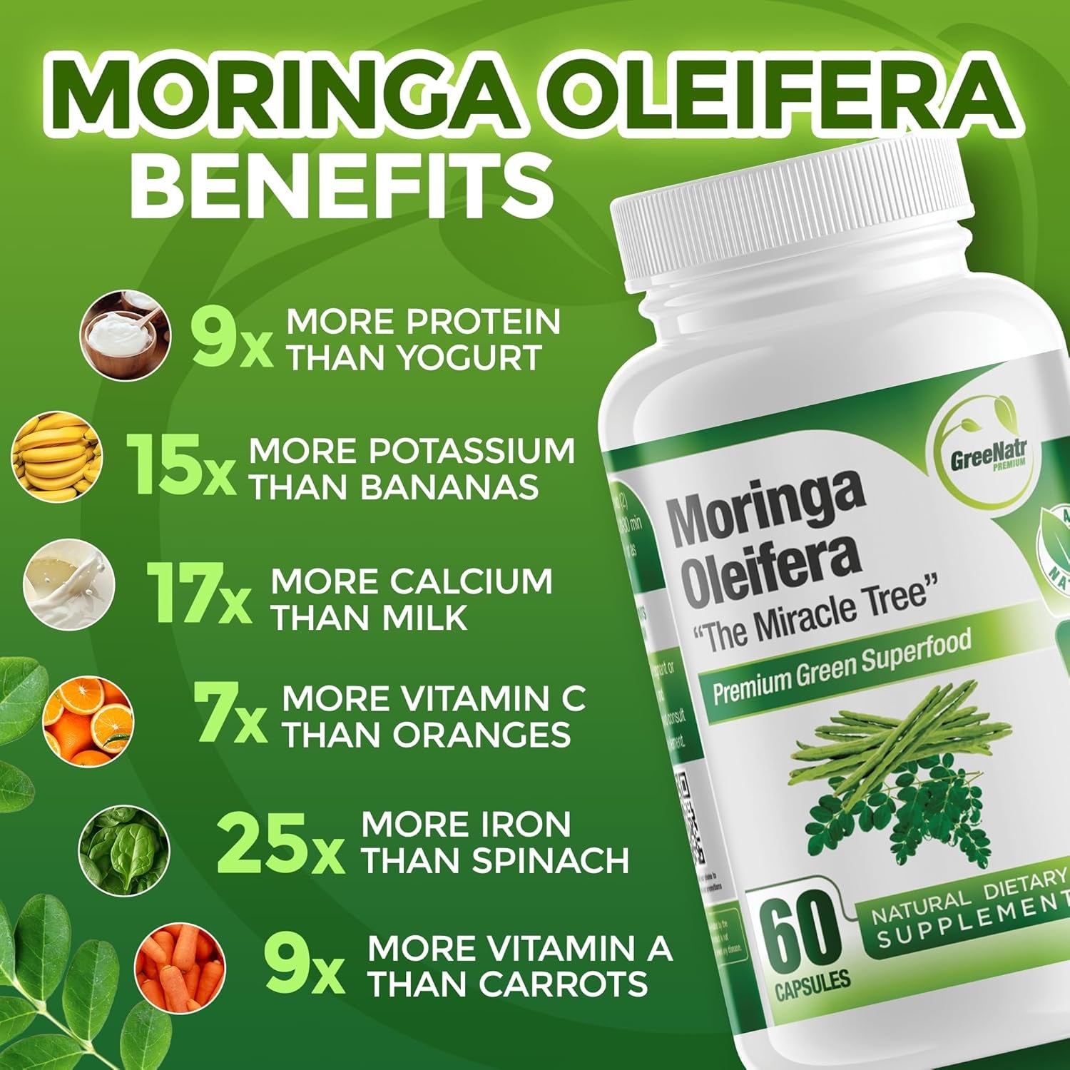 Pure Moringa Oleifera Leaf Extract Capsules, 1000 Mg per Serving. Gluten Free, NON GMO, Vegan Antioxidant Capsules. Natural Energy, Mood, Memory and Focus Enhancer. Premium Green Superfood (Pack of 3)