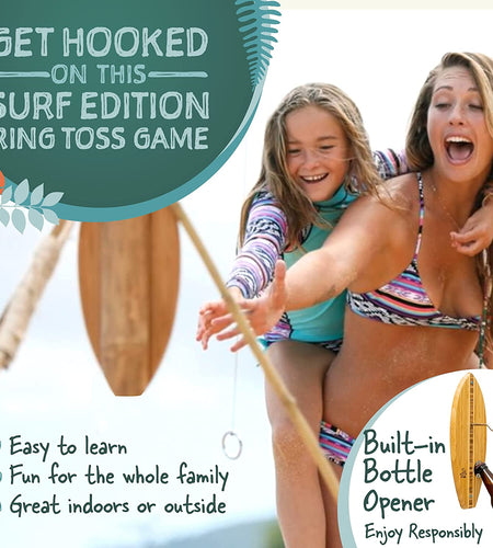 Ring Toss Game for Adults & Kids – 13 Inch Surfboard Edition - Hook and Ring Game with String and Hooks for Outdoor/Indoor Use, Man Cave Decor & Stuff, Gifts for Men