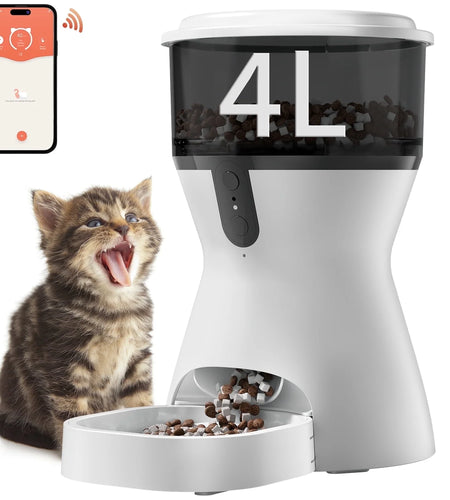 Automatic Cat Feeders Wifi, Timed Dog Feeder with 10S Dining Voice Record, 4L Cat/Dog Food Dispenser