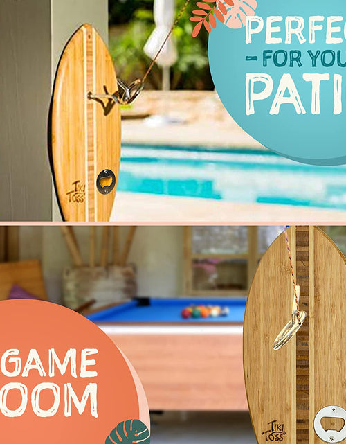 Load image into Gallery viewer, Ring Toss Game for Adults &amp; Kids – 13 Inch Surfboard Edition - Hook and Ring Game with String and Hooks for Outdoor/Indoor Use, Man Cave Decor &amp; Stuff, Gifts for Men

