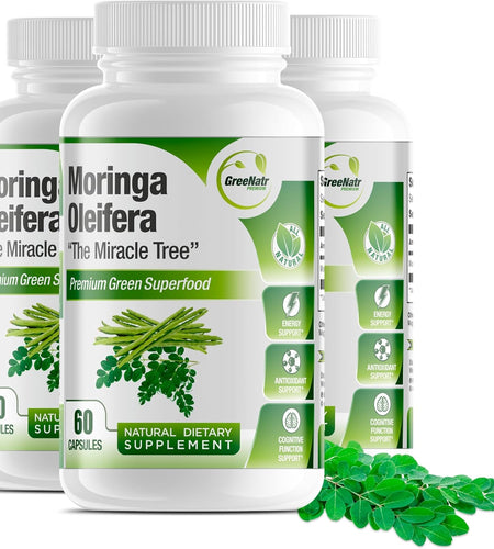 Pure Moringa Oleifera Leaf Extract Capsules, 1000 Mg per Serving. Gluten Free, NON GMO, Vegan Antioxidant Capsules. Natural Energy, Mood, Memory and Focus Enhancer. Premium Green Superfood (Pack of 3)