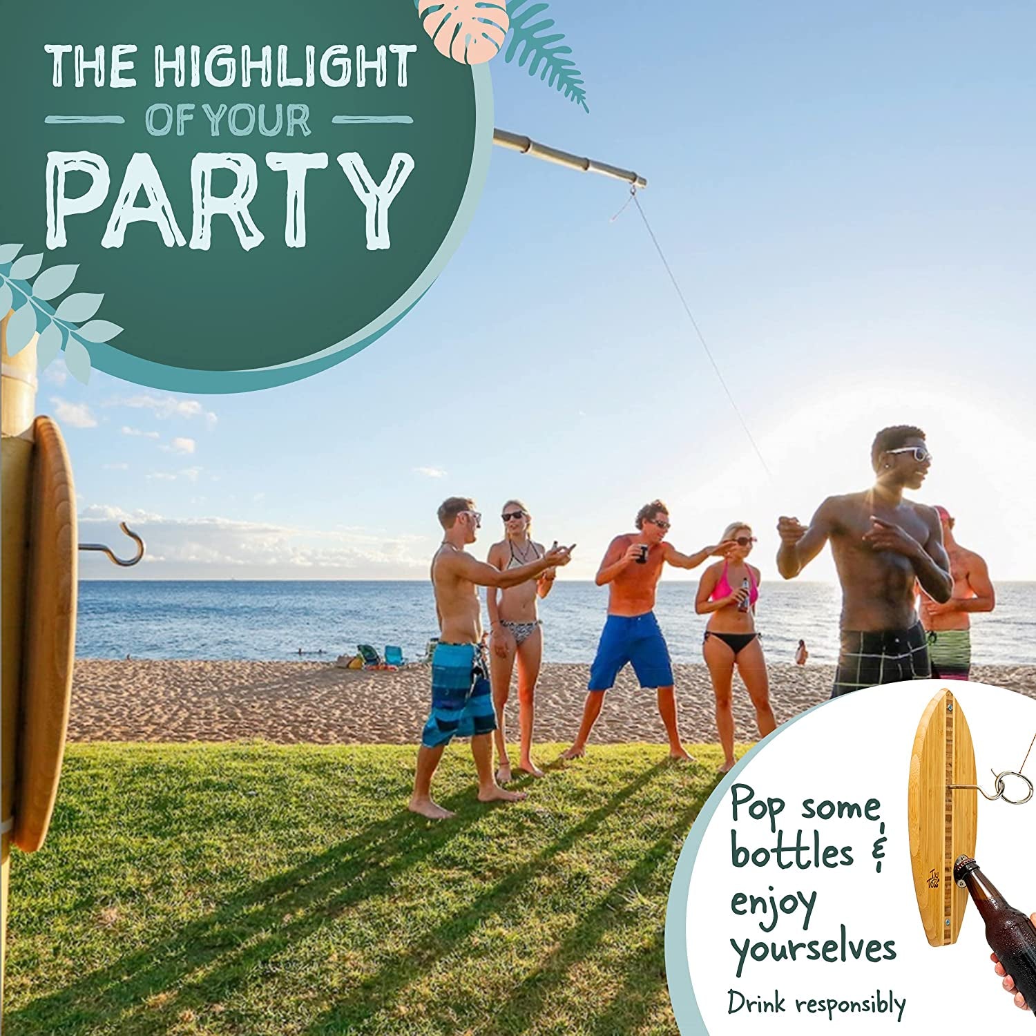 Ring Toss Game for Adults & Kids – 13 Inch Surfboard Edition - Hook and Ring Game with String and Hooks for Outdoor/Indoor Use, Man Cave Decor & Stuff, Gifts for Men