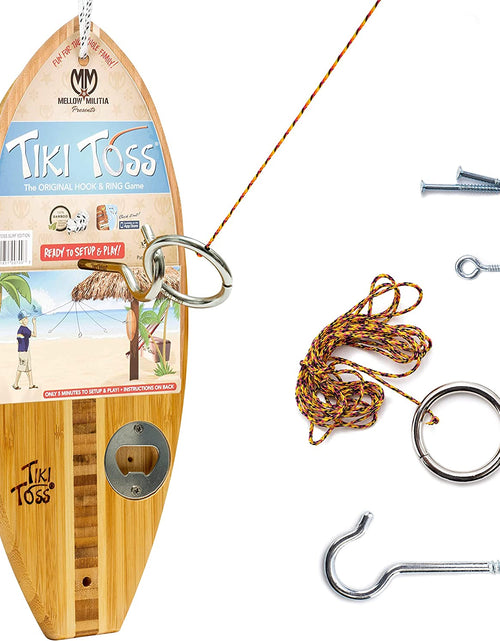 Load image into Gallery viewer, Ring Toss Game for Adults &amp; Kids – 13 Inch Surfboard Edition - Hook and Ring Game with String and Hooks for Outdoor/Indoor Use, Man Cave Decor &amp; Stuff, Gifts for Men
